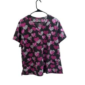 Divine Stretch Scrub Top Size 2X Pink Heart Ribbon Breast Cancer Awareness Nurse